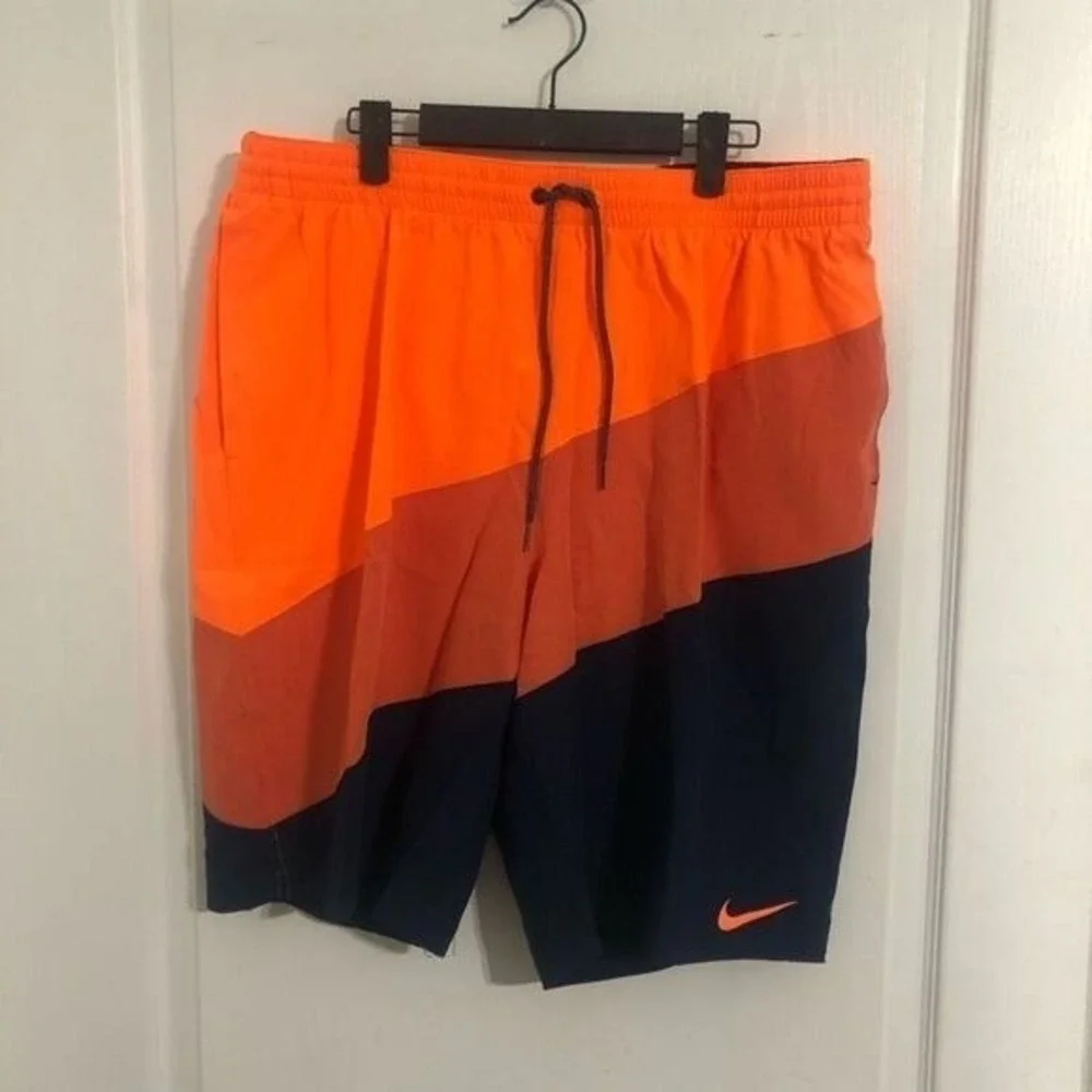 Nike Mens Size Small‎ Orange Navy Color Block Swim Trunks Board Shorts NESS9445
